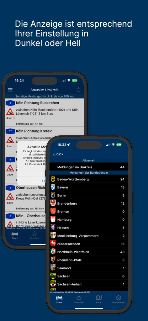 Interface of the iVerkehr Pro app showing traffic reports and a list of German states