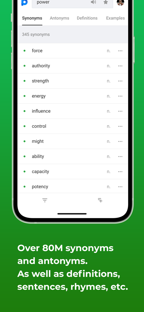 Power Thesaurus - Power Thesaurus mobile app interface showing synonyms for the word power