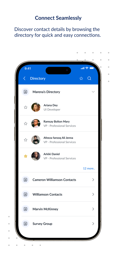 Smartphone screen displaying an internal company directory with employee profiles and job titles.