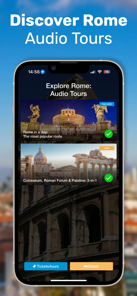Rome travel guide app showing self-guided audio tours for the Colosseum and major city landmarks