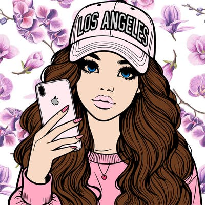 realistic beautiful girl wearing los ángeles cap holding an iphone
