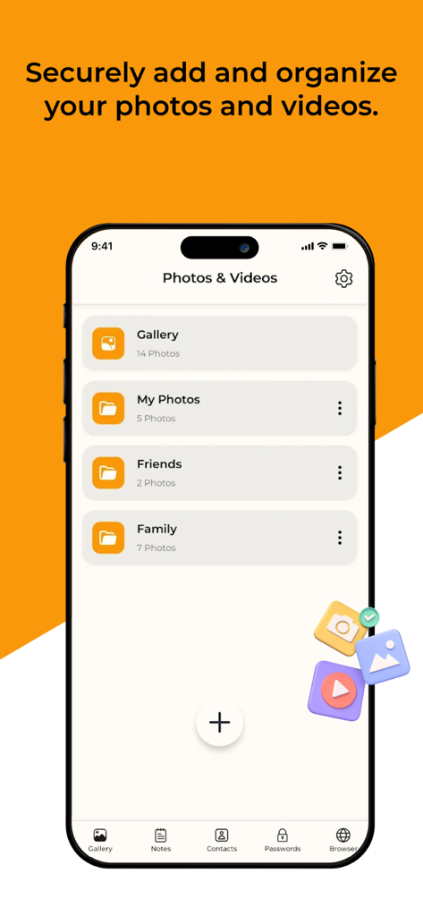 Secrete Calculator Lock Vault - Mobile app interface showing organized private folders for photos and videos including Gallery My Photos Friends and Family