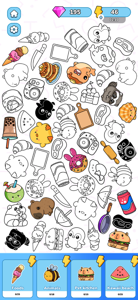 Merge Sticker Playbook 2D - A mobile game screen showing various cute uncolored and colored stickers like food and animals with categories at the bottom.