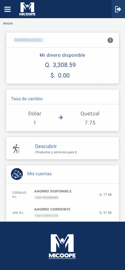 Micoope en Linea - Interfaz de la aplicación Micoope en Linea mostrando saldos de cuentas en Quetzales, tipo de cambio USD y una lista de cuentas de ahorro