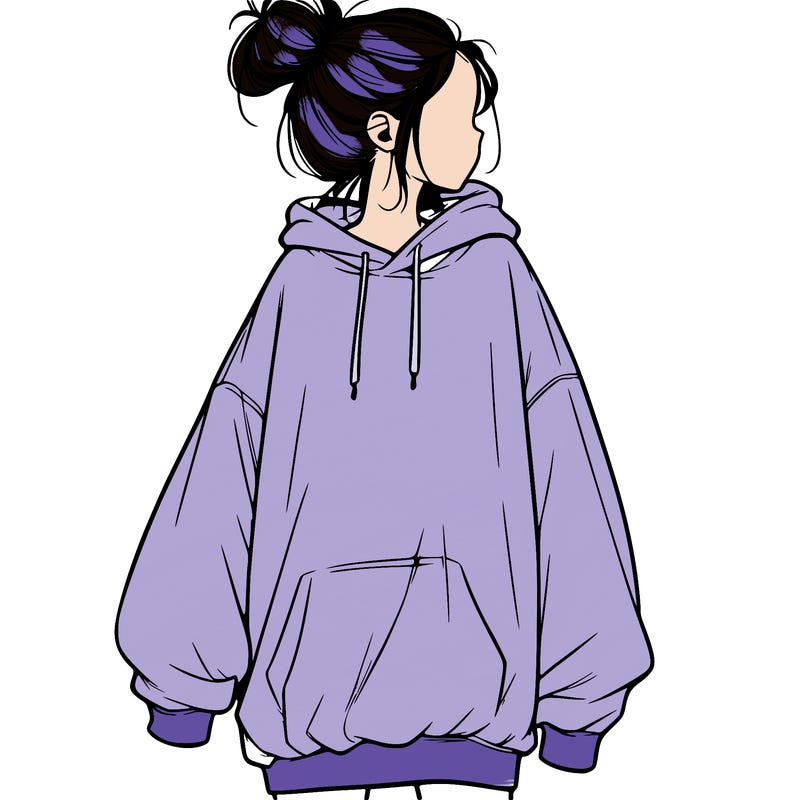 realistic girl with a oversized sweatshirt on and a bun