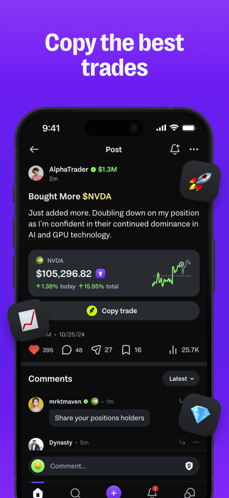 AfterHour: Social Copy Trading - NVDA 주식에 대한 검증된 트레이더 게시물 및 카피 트레이드 옵션을 특징으로 하는 AfterHour 앱 인터페이스