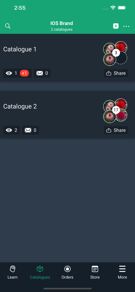 QuickSell Digital Cataloguing - Dashboard view of QuickSell app showing digital product catalogues with views and sharing options