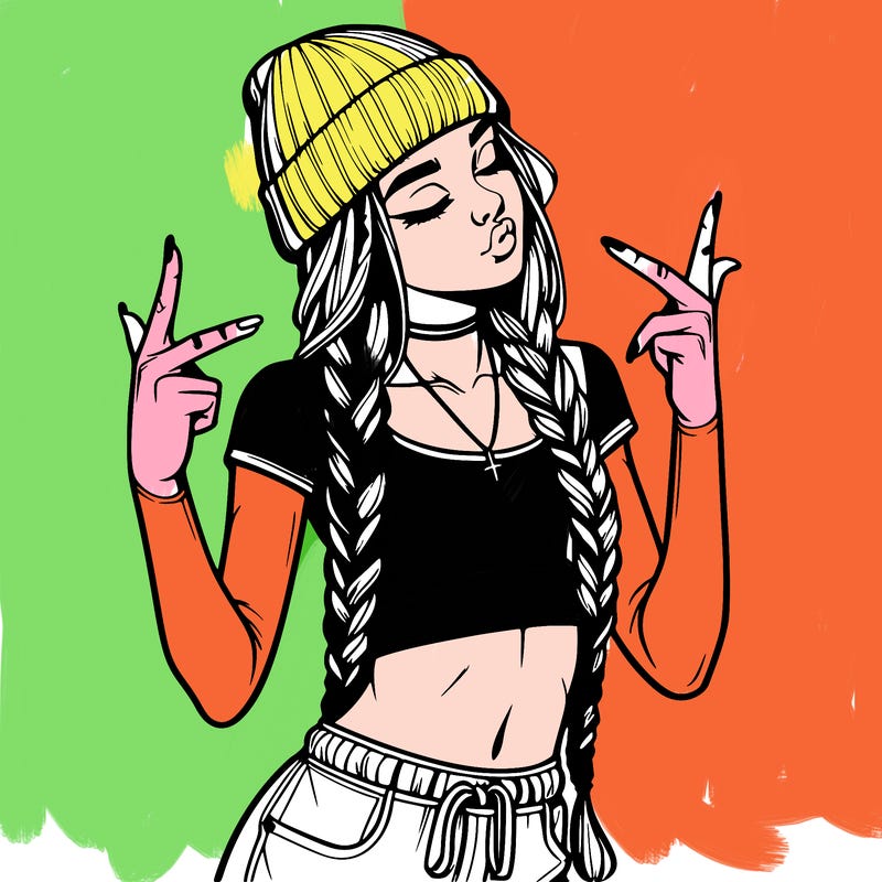 realistic teenage girl with braids and a beanie and crop top doing 🫶🏼