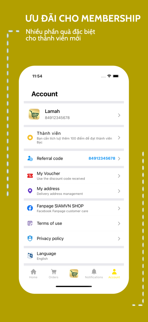 SiamVn Store - Página de configurações de conta de usuário e associação no aplicativo móvel SiamVn Store