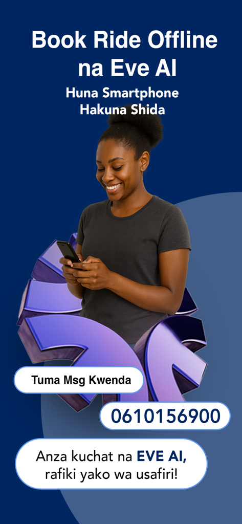 A woman using her phone for the SasaRide offline booking feature with Eve AI in Tanzania