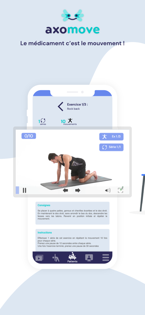 Application mobile Axomove affichant une instruction vidéo professionnelle pour un exercice de kinésithérapie