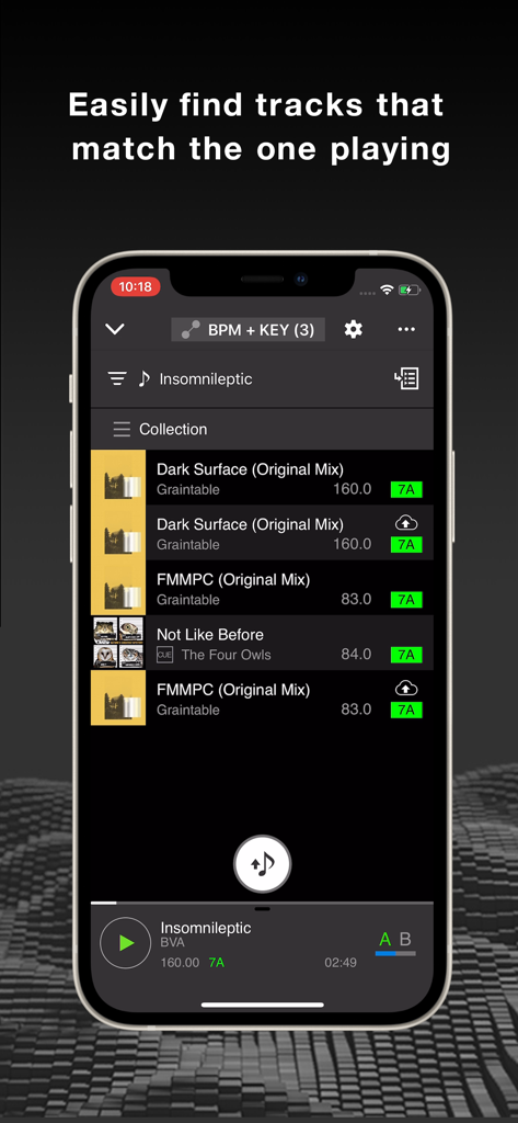 rekordbox - DJ App & DJ Mixer - Pantalla de iPhone de la aplicación rekordbox mostrando una lista de pistas sugeridas que coinciden con la canción actual por BPM y clave.