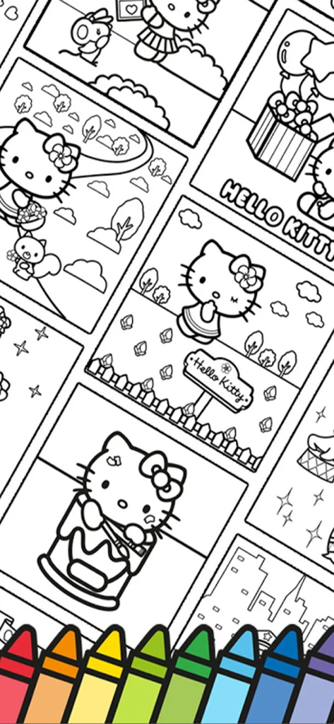 Hello Kitty: Coloring Book - 하단에 색연필 줄이 있는 헬로 키티 선화 색칠 페이지 선택