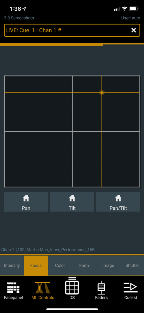 iRFR - LR - iRFR - LR mobile app screen displaying pan and tilt focus controls for moving lights.