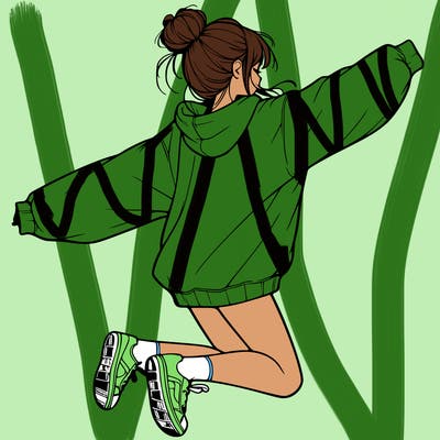 realistic girl jumping with a bun and oversized sweatshirt