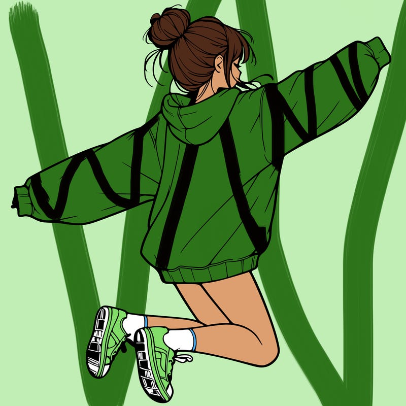 realistic girl jumping with a bun and oversized sweatshirt