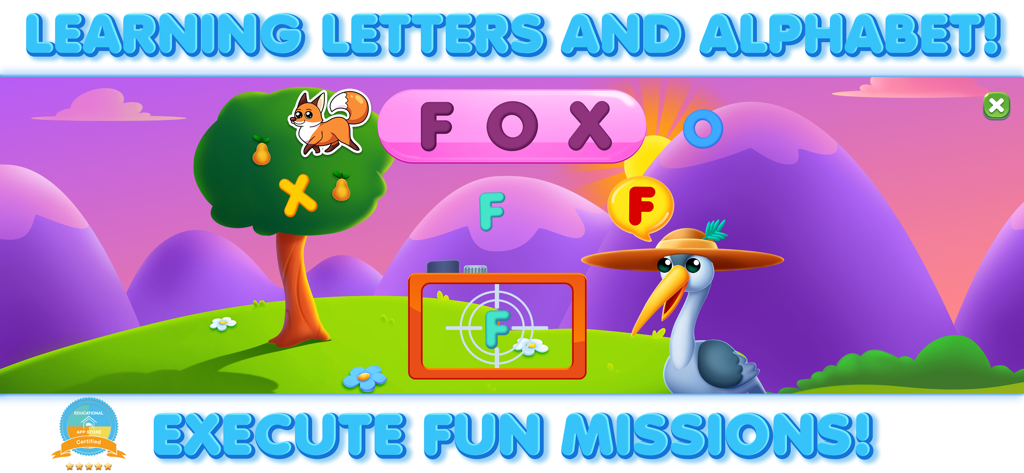 Educational game screen showing the word FOX and letters for children to learn the alphabet