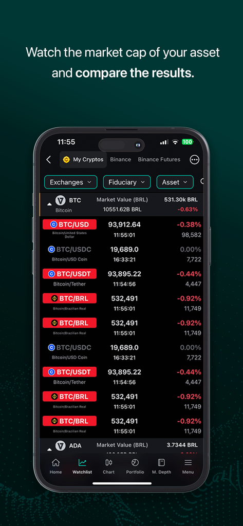 Vector Nelogica - Vector Nelogica mobile app showing a professional cryptocurrency watchlist with market capitalization data