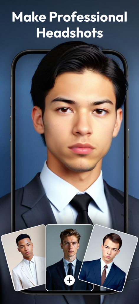 Photo Generator AI & Editor - Fotos de perfil profissionais geradas por IA de homens de terno em uma interface de aplicativo móvel