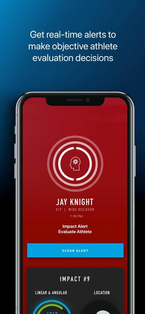 A smartphone displaying a real time head impact alert for an athlete on the Prevent app interface