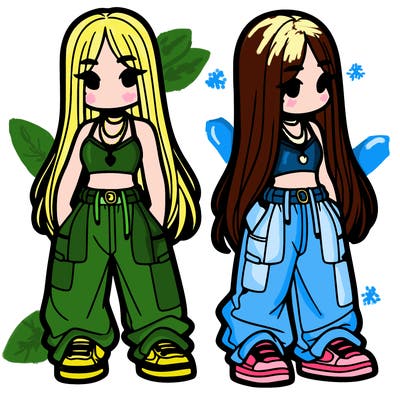 girl in baggy pants crop top and long hair