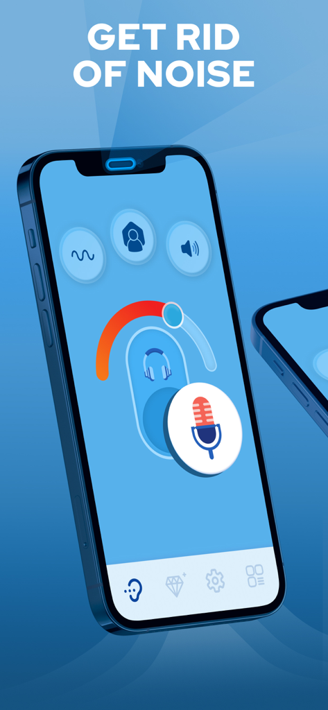 iPhone interface showing noise reduction settings for the Petralex hearing aid app