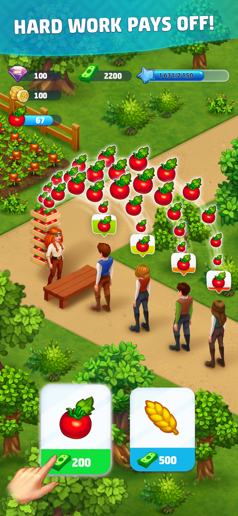 Harvest Land - Gameplay di Harvest Land che mostra un personaggio che vende un raccolto di pomodori a una fila di abitanti del villaggio a una bancarella del mercato