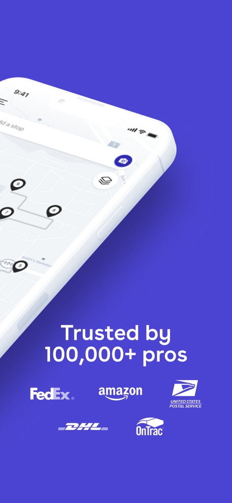 Straightaway Powered by Mapbox - Straightaway route planner app interface showing trust logos from FedEx Amazon and USPS