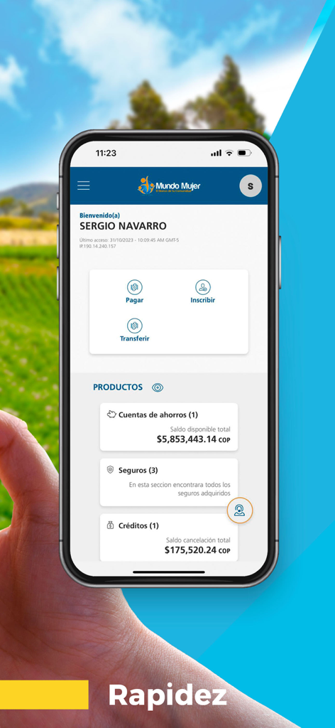 Banco Mundo Mujer - Interface móvel do aplicativo Banco Mundo Mujer mostrando saldos de conta e opções de menu.