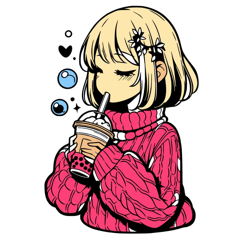 manga girl drinking boba in cozy sweater