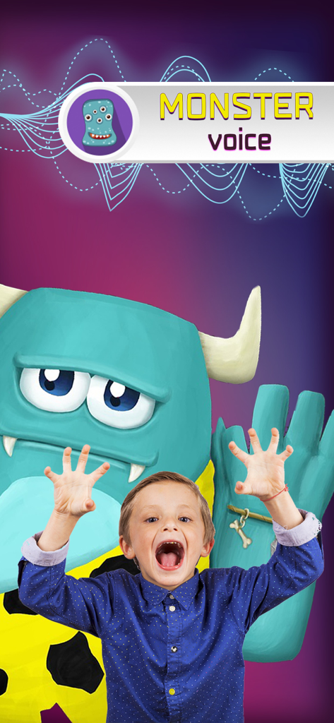 몬스터 음성 효과를 보여주는 파란색 만화 몬스터 앞에서 무서운 표정을 짓고 있는 어린 소년