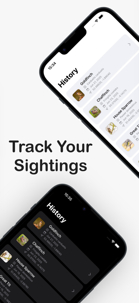 Bird Feather Identification - BirdID app history screen showing tracked bird sightings in light and dark mode