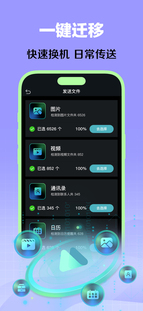 换机助手 - 智能快速迁移手机各项数据 - Phone Transfer Assistant app interface showing categories for data migration including photos and videos