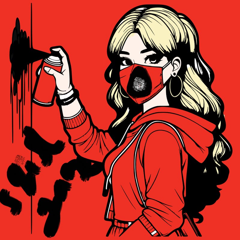 realistic girl with mask spray painting a wall