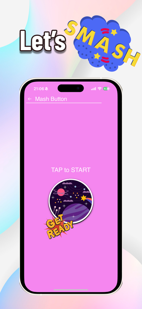 A mobile app screen showing the mash button reaction test for FPS training