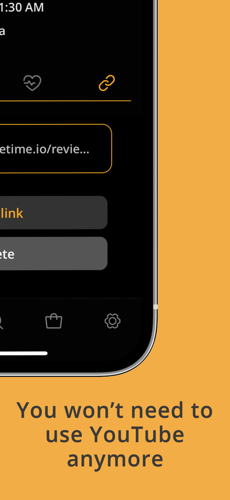 WeTime - Fitness Video Timer - Pantalla de la aplicación WeTime que destaca la función para compartir enlaces de video de entrenamiento en lugar de usar YouTube.