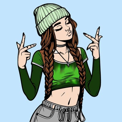 realistic teenage girl with braids and a beanie and crop top doing 🫶🏼