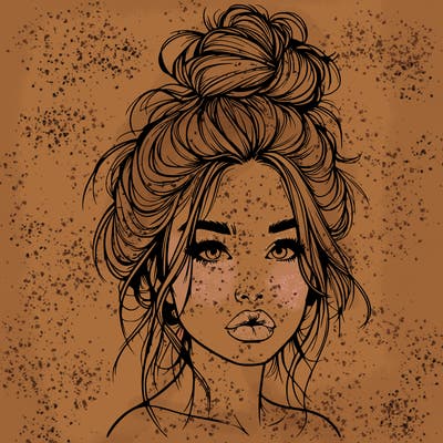 realistic girl with a messy bun and she has lips