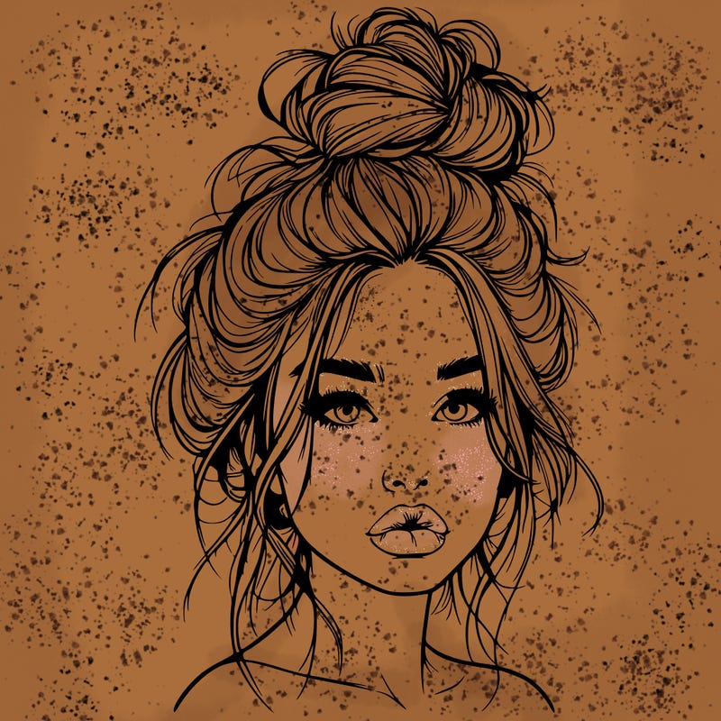 realistic girl with a messy bun and she has lips