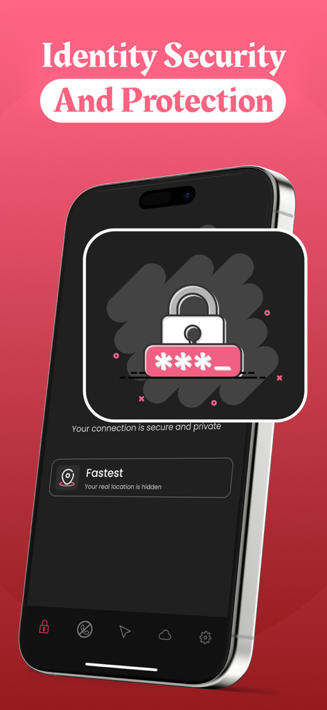 Mobile Security & AntiVirus. - Schermo iPhone che mostra funzionalità di sicurezza e protezione dell'identità con un messaggio di connessione sicura