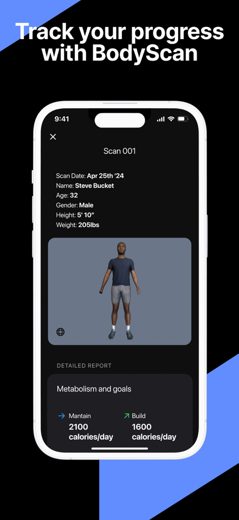Fitness AI アプリのインターフェースに、個人メトリクスと代謝目標が表示された3Dボディスキャンのレポートが表示されています。