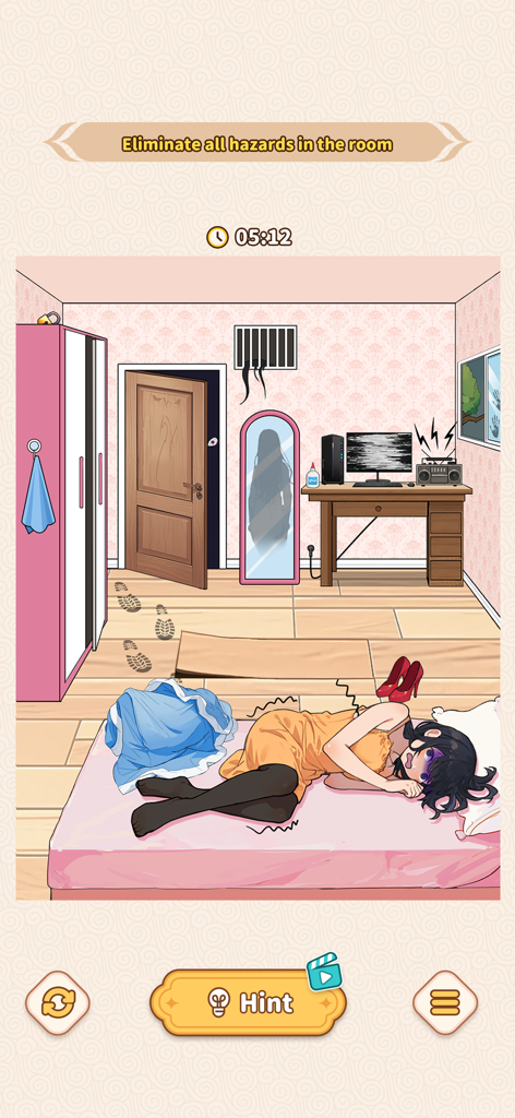 A cartoon puzzle level in Brain Puzzle Tricky Quest showing a bedroom with various spooky hazards to eliminate.