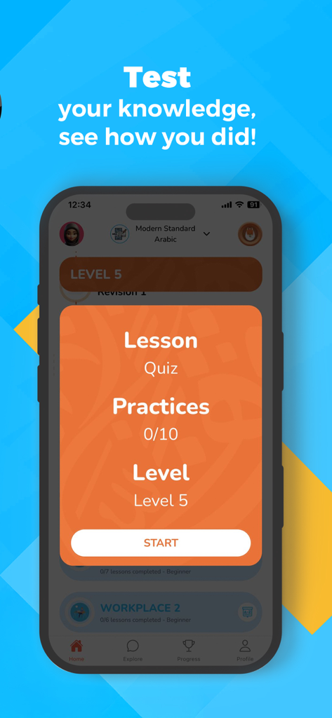 Kaleela・Learn Arabic Language - Una pantalla móvil de la aplicación Kaleela que muestra una ventana emergente de cuestionario de lección de árabe de Nivel 5 con un botón de inicio.