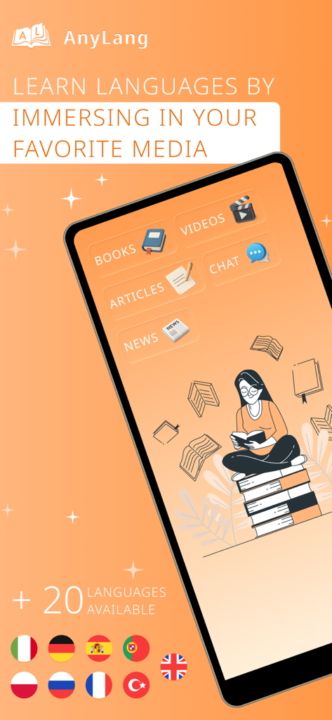 AnyLang mobile app interface showing language learning options through books videos news and articles