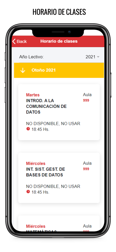 UaApp mobile screen displaying a university student class schedule with course names and times