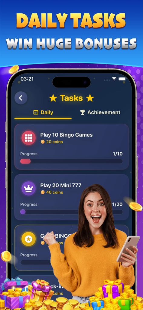 Bingo Rico app showing daily tasks to win bonuses with a woman celebrating holding a phone