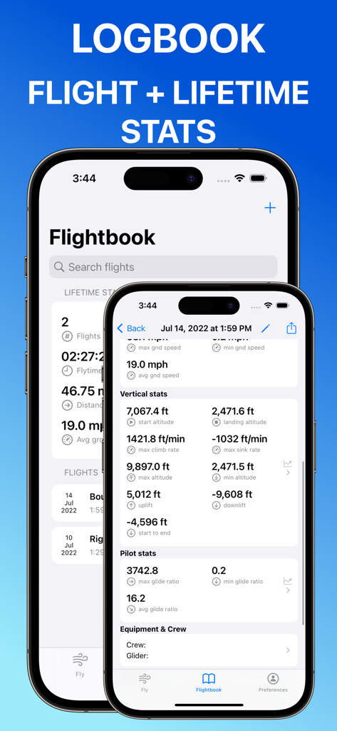 Paragliding Tracker: Wingman - Wingman app logbook display showing detailed paragliding flight statistics and lifetime flight data