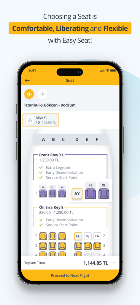 Pegasus Flug-App-Bildschirm zur Auswahl von Flugsitzen mit einer visuellen Sitzplatzkarte und Optionen für zusätzlichen Beinfreiheit