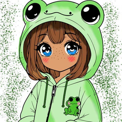 cute realistic girl in a froggy hoodie