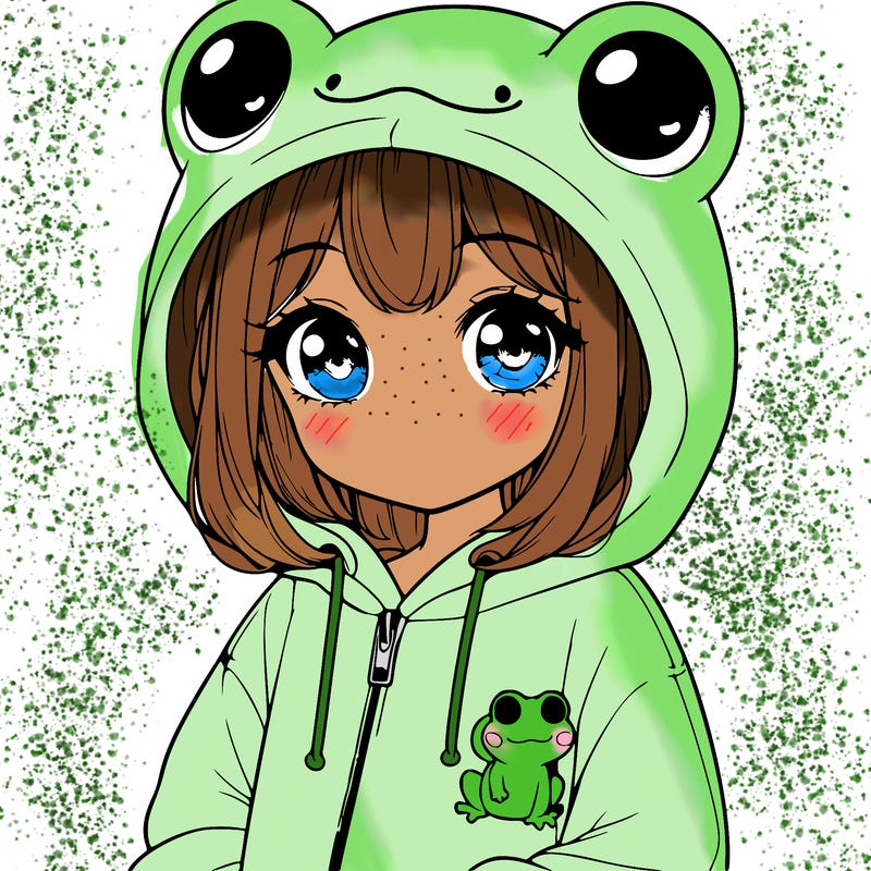 cute realistic girl in a froggy hoodie